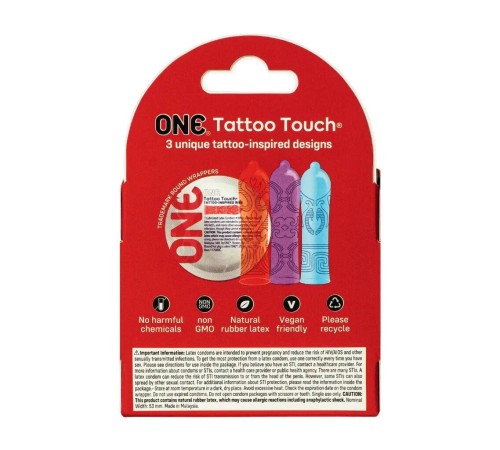 Презервативи ONE Tattoo Touch 3 шт, картонна коробка (м'ята упаковка!!!)