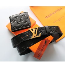 Мужской подарочный набор - ремень и кошелек с тиснением Louis Vuitton black