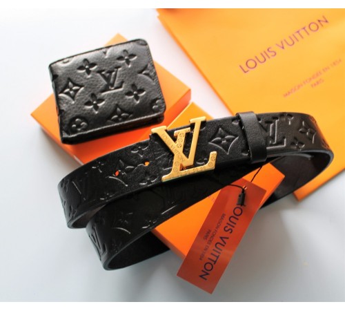 Мужской подарочный набор - ремень и кошелек с тиснением Louis Vuitton black