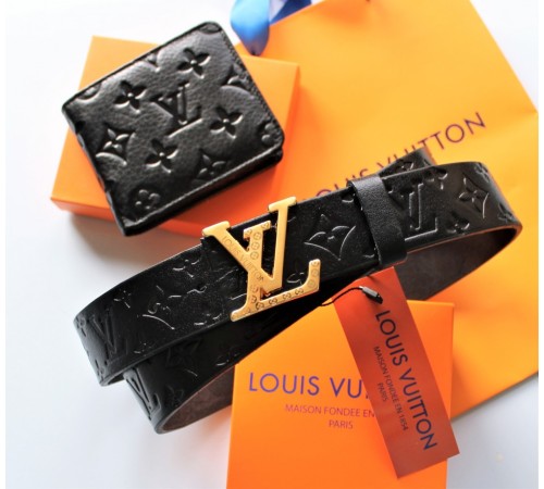 Мужской подарочный набор - ремень и кошелек с тиснением Louis Vuitton black