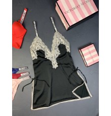 Пеньюар Victoria's secret модель 5 черный с бежевым кружевом  kk020