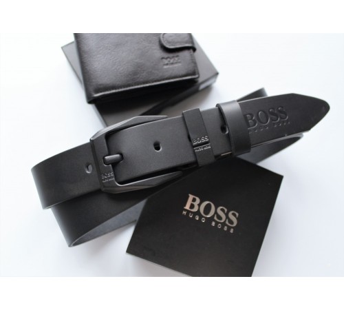 Мужской подарочный набор Hugo Boss ремень и кошелек черные