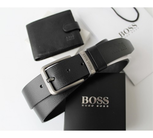 Мужской подарочный набор Hugo Boss ремень и кошелек black