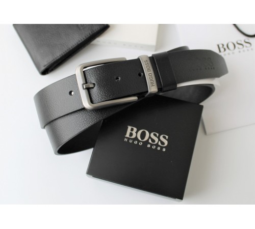 Мужской подарочный набор Hugo Boss ремень и кошелек black