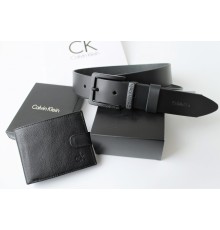 Мужской подарочный набор Calvin Klein ремень и кошелек total black