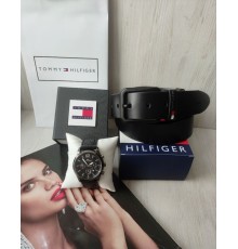 Мужской подарочный набор Tommy Hilfiger: часы каучук и кожаный ремень  black