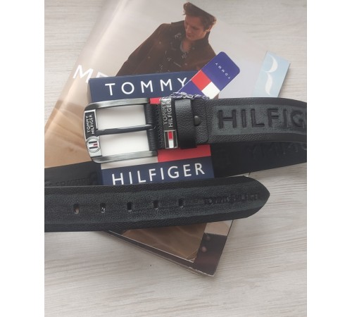 Шкіряний чоловічий ремінь Tommy Hilfiger для джинсів чорно-сірий