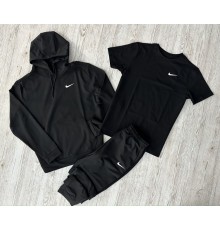 Комплект 3 в 1 Демісезонний спортивний костюм Nike чорний худі + чорні штани (двонитка) + Футболка чорна Nike