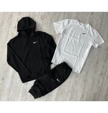 Комплект 3 в 1 Демісезонний спортивний костюм Nike чорний худі + чорні штани (двонитка) + Футболка біла Nike