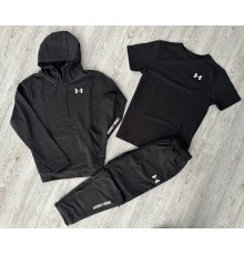 Комплект 3 в 1 Демісезонний спортивний костюм Under Armour чорний худі + чорні штани (двонитка) + Футболка чорна Under Armour