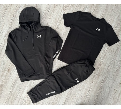 Комплект 3 в 1 Демісезонний спортивний костюм Under Armour чорний худі + чорні штани (двонитка) + Футболка чорна Under Armour