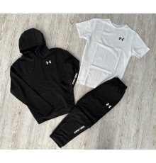 Комплект 3 в 1 Демісезонний спортивний костюм Under Armour чорний худі + чорні штани (двонитка) + Футболка біла Under Armour