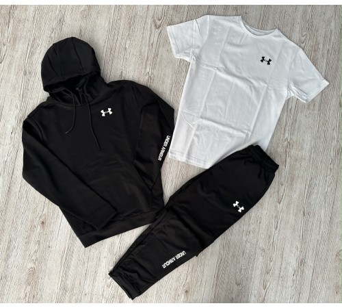 Комплект 3 в 1 Демісезонний спортивний костюм Under Armour чорний худі + чорні штани (двонитка) + Футболка біла Under Armour