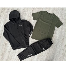 Комплект 3 в 1 Демісезонний спортивний костюм Under Armour чорний худі + чорні штани (двонитка) + Футболка хакі Under Armour