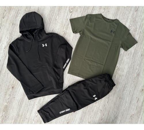 Комплект 3 в 1 Демісезонний спортивний костюм Under Armour чорний худі + чорні штани (двонитка) + Футболка хакі Under Armour