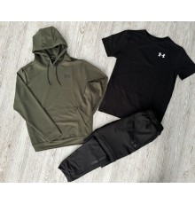 Комплект 3 в 1 Демісезонний спортивний костюм Under Armour худі хакі + чорні штани (двонитка) + Футболка чорна Under Armour