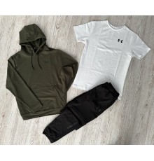 Комплект 3 в 1 Демісезонний спортивний костюм Under Armour худі хакі + чорні штани (двонитка) + Футболка біла Under Armour