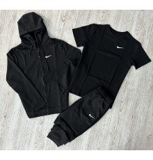 Комплект 3 в 1 Демісезонний спортивний костюм Nike чорна кофта на змійці + чорні штани (двонитка) + Футболка чорна Nike