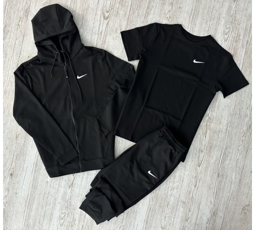 Комплект 3 в 1 Демісезонний спортивний костюм Nike чорна кофта на змійці + чорні штани (двонитка) + Футболка чорна Nike