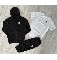 Комплект 3 в 1 Демісезонний спортивний костюм Adidas чорна кофта на змійці + чорні штани (двонитка) + Футболка біла Adidas