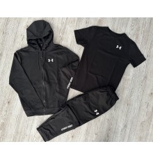 Комплект 3 в 1  Демісезонний спортивний костюм Under Armour чорна кофта на змійці + чорні штани (двонитка) + Футболка чорна Unde