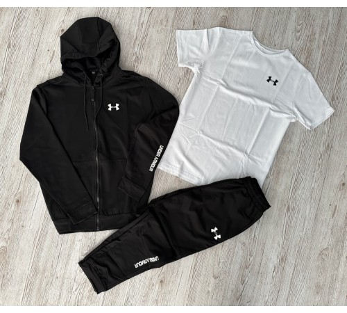 Комплект 3 в 1 Демісезонний спортивний костюм Under Armour чорна кофта на змійці + чорні штани (двонитка) + Футболка біла Under