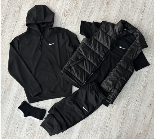 Комплект 5 в 1 Nike чорний худі + чорні штані + чорна жилетка + чорна футболка + 2 пари шкарпеток (чорні та білі)