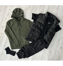 Комплект 5 в 1 Nike кофта на змійці хакі + чорні штані + чорна жилетка + чорна футболка + 2 пари шкарпеток (чорні та білі)