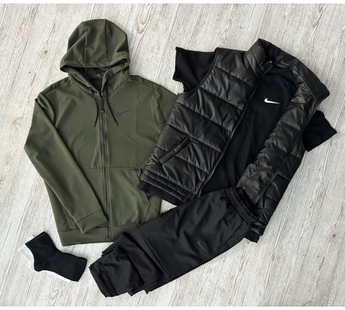 Комплект 5 в 1 Nike кофта на змійці хакі + чорні штані + чорна жилетка + чорна футболка + 2 пари шкарпеток (чорні та білі)