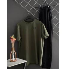 Штани чорні Under Armour (двонитка, чорний лого) + футболка хакі Under Armour