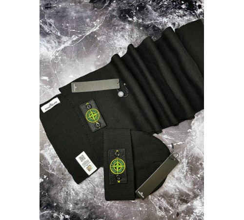 Мужской набор stone island черный шарф + шапка gu002-1