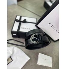 Ремень черный Gucci Signature GG Supreme c черной пряжкой r045