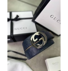 Ремень Gucci синий тисненый c серебряным лого r051