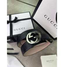 Ремень черный Gucci Signature серебристая пряжка r107