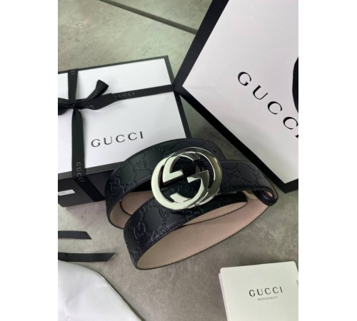 Ремень черный Gucci Signature серебристая пряжка r107