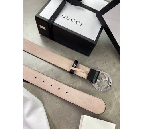 Ремень черный Gucci Signature серебристая пряжка r107