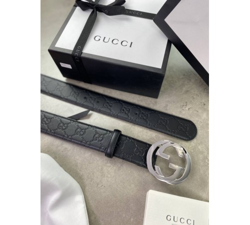 Ремень черный Gucci Signature серебристая пряжка r107