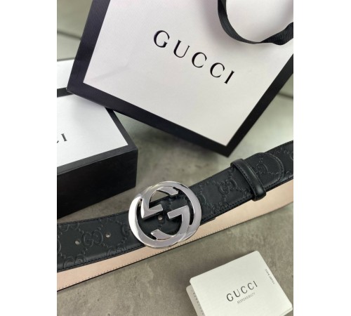 Ремень черный Gucci Signature серебристая пряжка r107