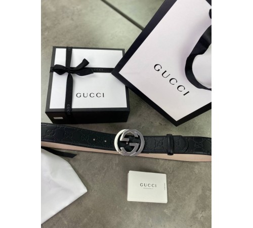 Ремень черный Gucci Signature серебристая пряжка r107