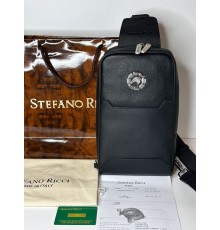 Нагрудная сумка черная Stefano Ricci Black Leather White Metal Logo c790