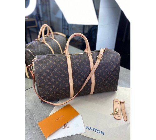 Дорожная сумка Louis Vuitton коричневая в стиле "Monogram" с бежевой отделкой c235