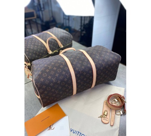 Дорожная сумка Louis Vuitton коричневая в стиле "Monogram" с бежевой отделкой c235