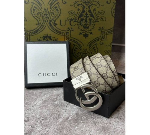 Ремень коричневый Gucci с серебристой пряжкой mb007