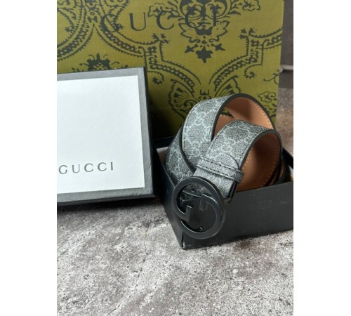 Ремень серый Gucci с черной пряжкой mb009