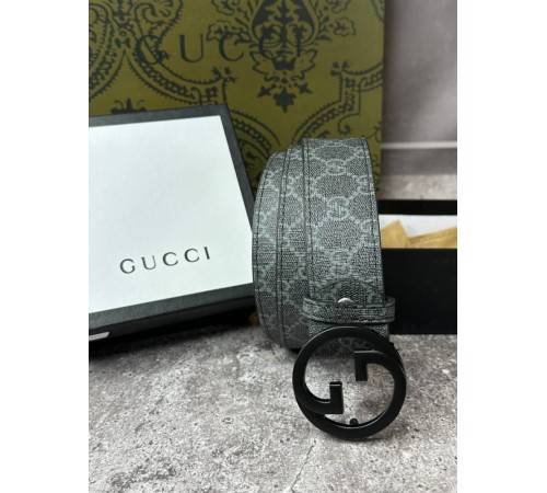 Ремень серый Gucci с черной пряжкой mb009