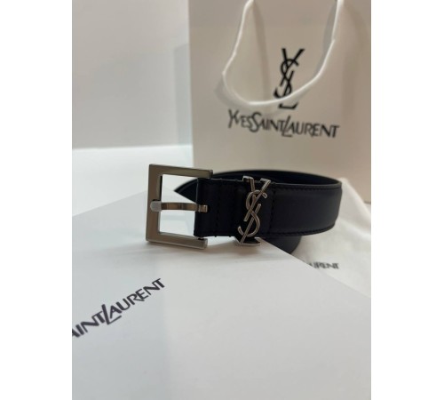 Жіночий чорний шкіряний ремінь YSL Yves Saint Laurent зі сріблястою пряжкою