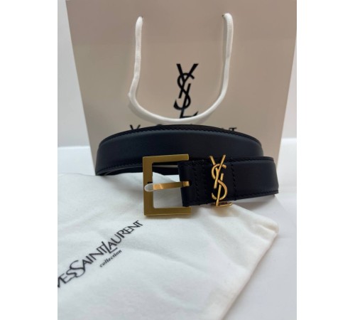 Жіночий чорний шкіряний ремінь YSL Yves Saint Laurent с золотою пряжкою