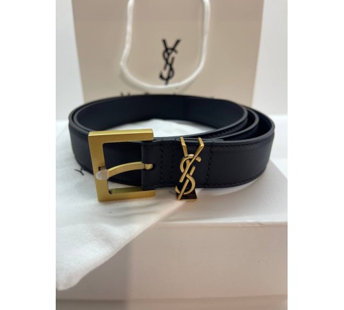 Жіночий чорний шкіряний ремінь YSL Yves Saint Laurent с золотою пряжкою