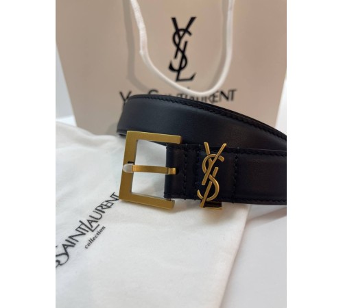 Жіночий чорний шкіряний ремінь YSL Yves Saint Laurent с золотою пряжкою