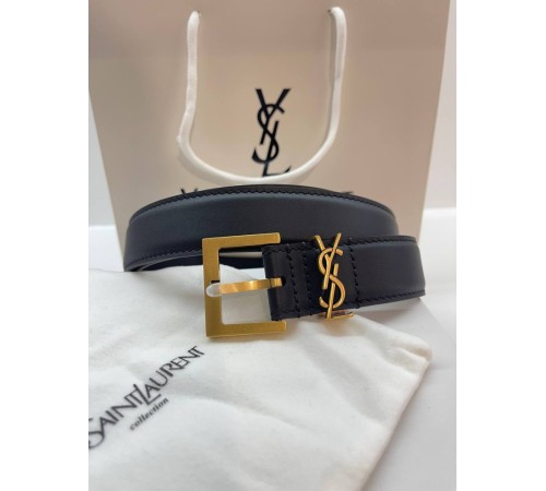 Жіночий чорний шкіряний ремінь YSL Yves Saint Laurent с золотою пряжкою